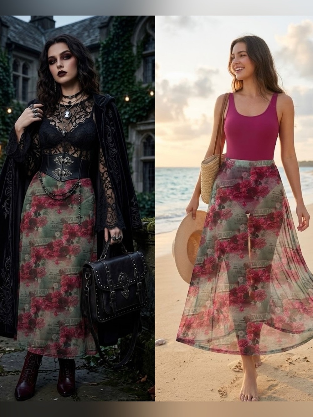 PrettyLittleThing Versatile Cabbage Rose Mesh Side Slit Maxi Skirt Waist 24”-30”